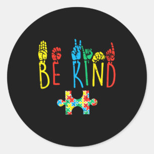 Be Kind Hand Sign Language Puzzle Autism Awareness Classic Round Sticker