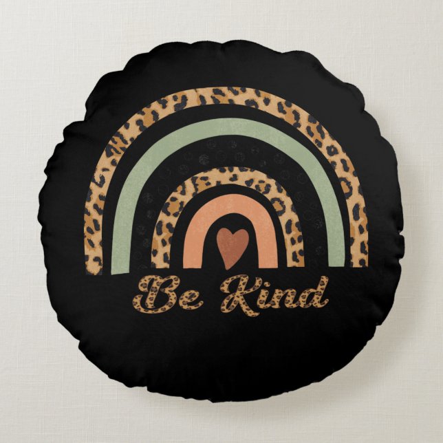 Be Kind Leopard Print Rainbow Front & Back Round Cushion (Front)