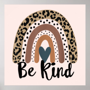 Be Kind Leopard Rainbow Boho inspirational Pink Poster