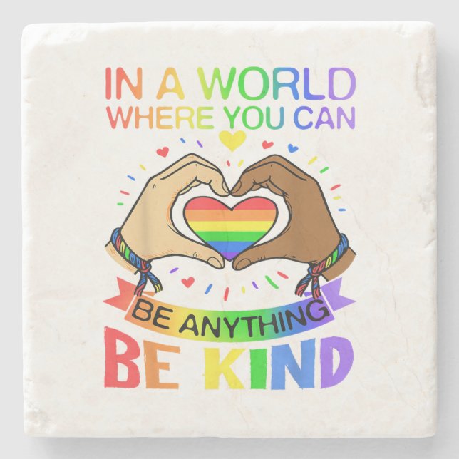 Be Kind LGBT Pride Rainbow Equality Awareness Tee Stone Coaster (Front)