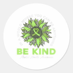 Be Kind Mental Health Awareness Green Ribbon Brain Classic Round Sticker
