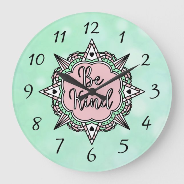Be Kind | Mint Green and Pink Large Clock (Front)