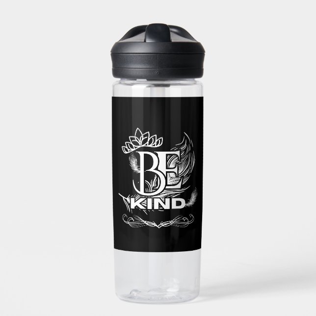 Be Kind Motivational Typography | Feather & Floral Water Bottle (Front)