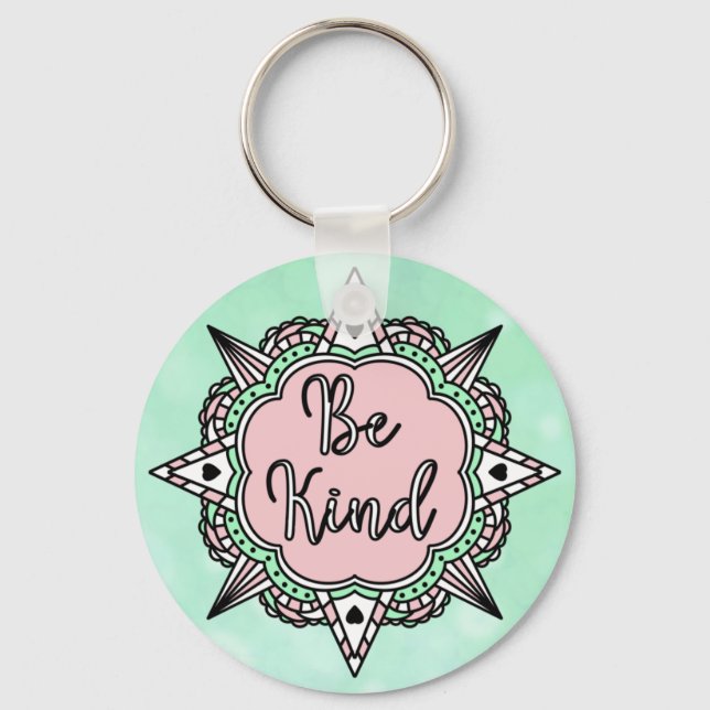 Be Kind | Pink and Mint Green Mandala Key Ring (Front)