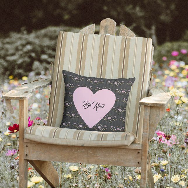 Be Kind Pink Heart on Tiny Roses and Black Stripes Cushion (Creator Uploaded)