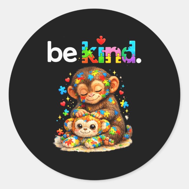 Be kind punch monkey colourful puzzle autism classic round sticker (Front)