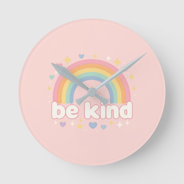 Be Kind – Rainbow Pastel Positivity Round Clock (Front)