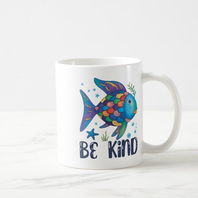 Be Kind Rainbow Scale Fish Teacher Reading Book To Coffee Mug (Right)
