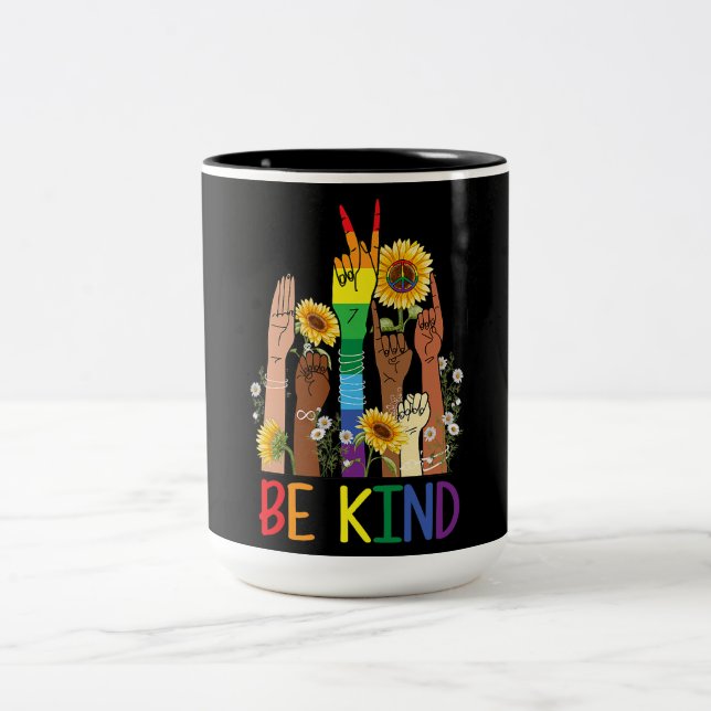Be Kind Sign Language Hand Talking LGBT  Two-Tone Coffee Mug (Center)