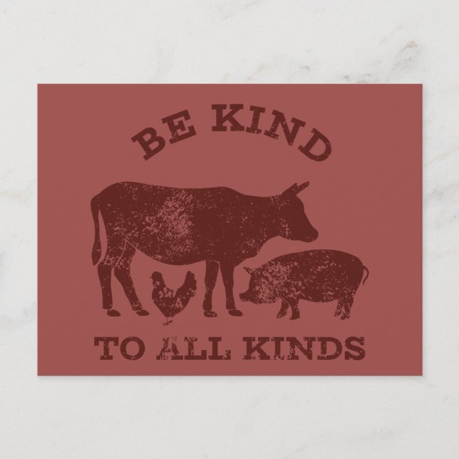 Be Kind to All Kinds Maroon Vegetarian Message Postcard (Front)