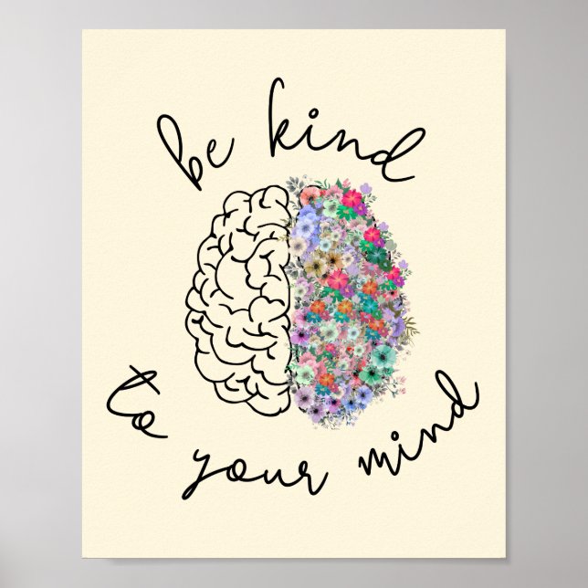 Be Kind To Your Mind Floral Brain Mental Health Poster (Front)