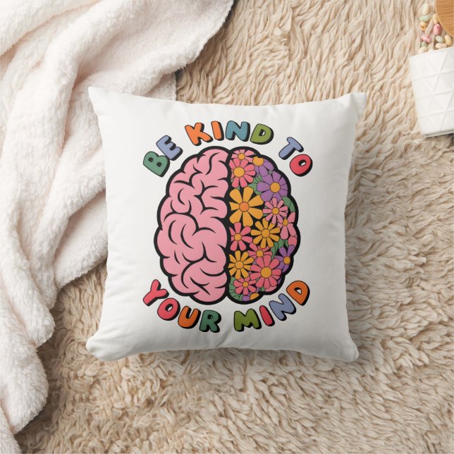 Be Kind To Your Mind, Floral Brain Quote Cushion (Blanket)