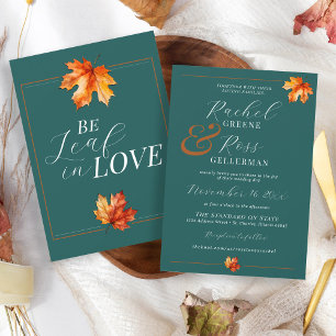 Be Leaf In Love Teal Rust Elegant Fall Wedding Invitation