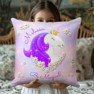 Be Magical Lilac Unicorn Flowers & Stars Cushion