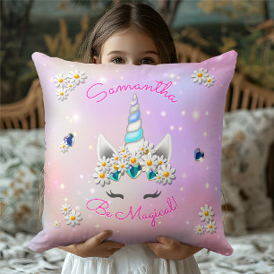 Be Magical Princess Unicorn Crown Flowers Stars Cushion
