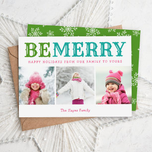 Be Merry 3 Photo Collage Editable Colours Flat Holiday Card