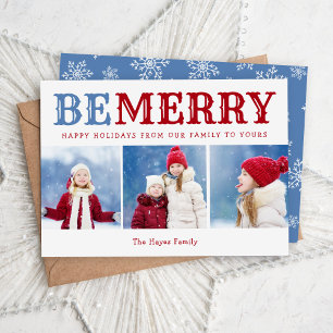 Be Merry 3 Photo Collage Editable Colours Flat Holiday Card