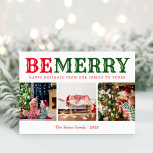 Be Merry   3 Photo Collage Editable Colours Folded Holiday Card