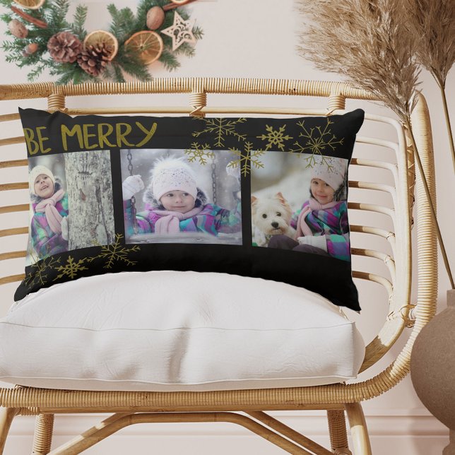 Be Merry Add your own Photos Black Gold Christmas Lumbar Cushion (Creator Uploaded)