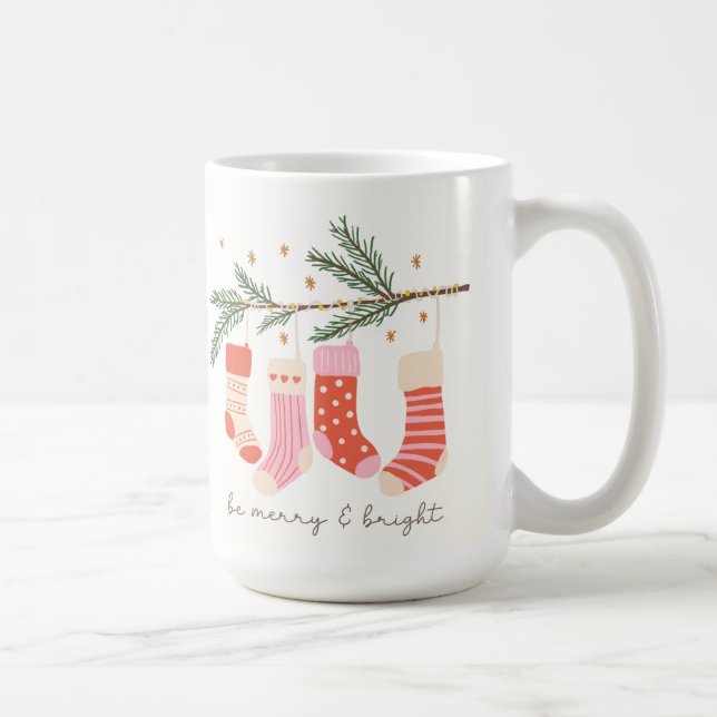 Be Merry and Bright Christmas Stockings on Branch Coffee Mug (Right)