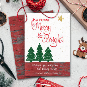 Be Merry and Bright Gold Star Tree Red Rustic Wood Holiday Card