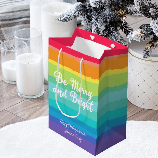 Be Merry and Bright Rainbow Custom Christmas Party Medium Gift Bag (Creator Uploaded)