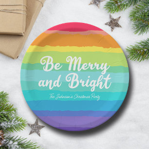 Be Merry and Bright Rainbow Custom Christmas Party Paper Plate