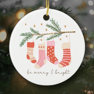 Be Merry and Bright Red & White Christmas Holiday Ceramic Ornament