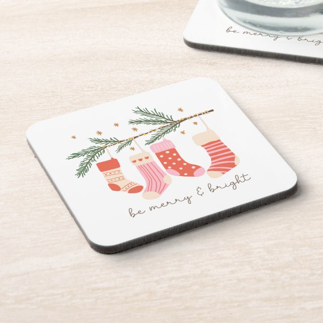Be Merry and Bright Red & White Christmas Holiday Coaster (Left Side)