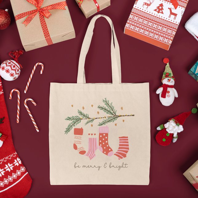 Be Merry and Bright Red & White Christmas Holiday Tote Bag (Creator Uploaded)