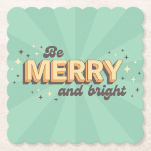 Be merry and bright seasonal retro cartoon text paper coaster