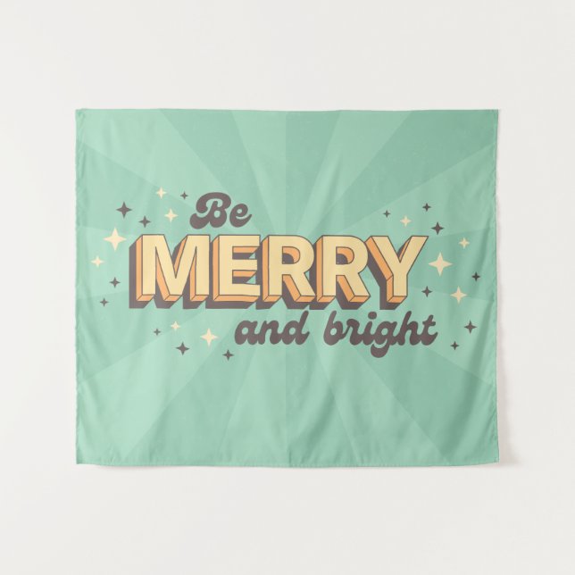 Be merry and bright seasonal retro cartoon text tapestry (Front (Horizontal))