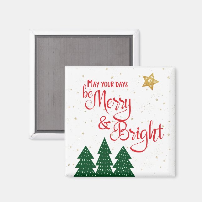 “Be Merry & Bright” Quote with Trees & Gold Stars Magnet (Front/Back)