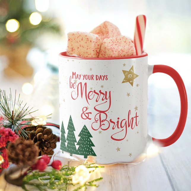“Be Merry & Bright” Quote with Trees & Gold Stars Mug (Creator Uploaded)