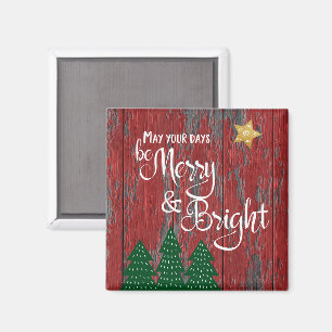 “Be Merry & Bright” Trees & Gold Star, Rustic Wood Magnet