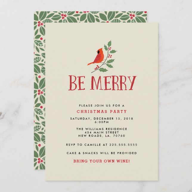 Be Merry Cardinal Christmas Party Invitation (Front/Back)