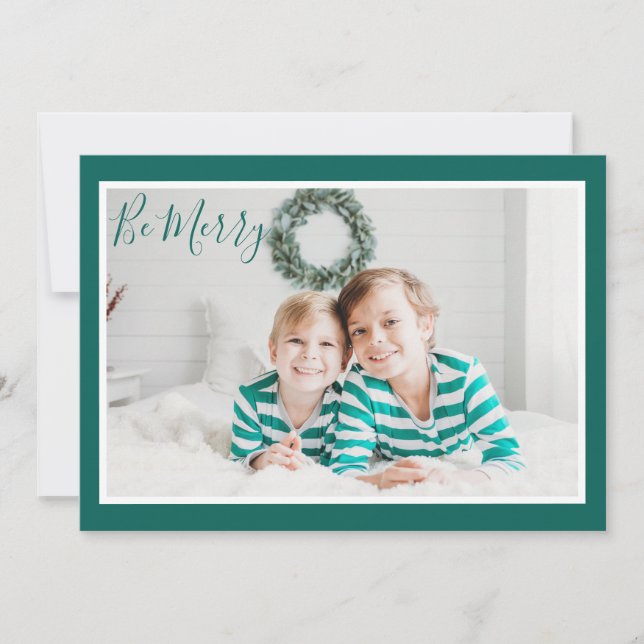 Be Merry Chic Modern Green Christmas Holiday Card (Front)