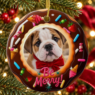Be Merry Chocolate Doughnut Puppy Photo Ceramic Ornament