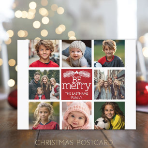 Be Merry Christmas Collage Photos with Red White Holiday Postcard