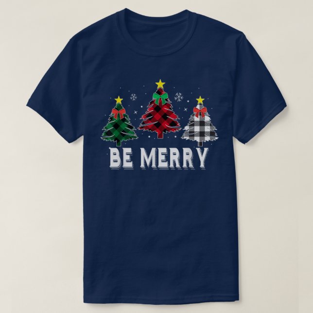 Be Merry Christmas Tree Buffalo Plaid Family Match T-Shirt (Design Front)