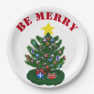 Be Merry Christmas Tree Yellow Star Paper Plate