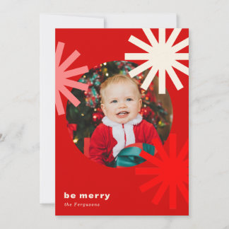 Be Merry Fun Red White Pink Pompoms Holiday Card