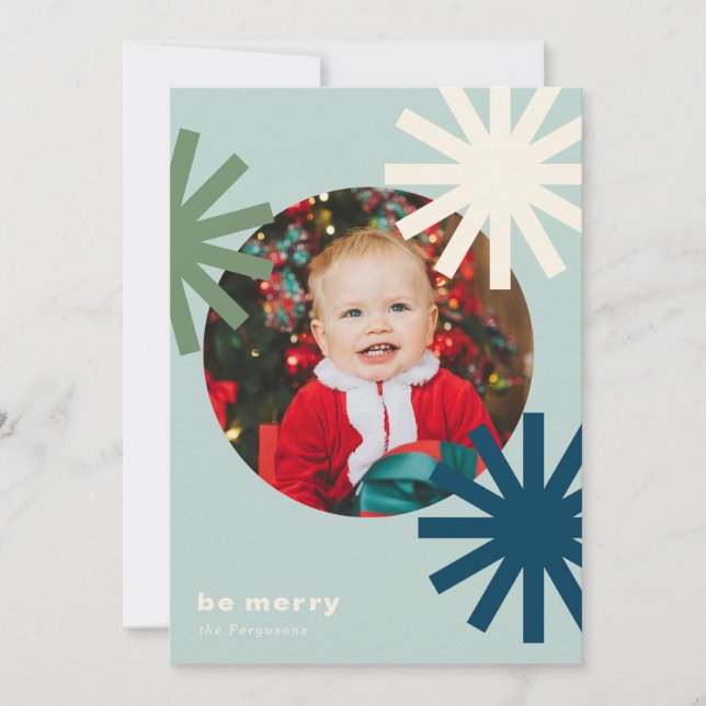 Be Merry Fun White Blue Green Pompoms Holiday Card (Front)