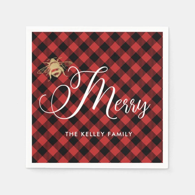 Be Merry, Gold Bee on Red Buffalo Plaid Custom Napkin (Front)