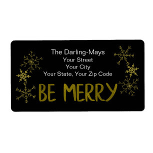 Be Merry Gold Snowflakes on Black Address