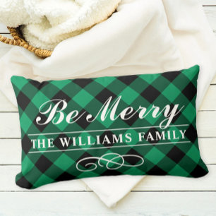 Be Merry Green Buffalo Plaid Family Monogram Lumbar Cushion
