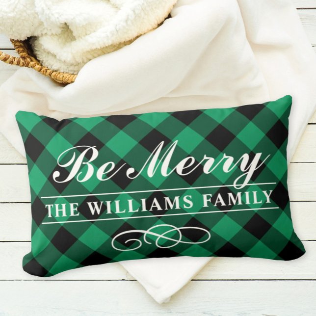 Be Merry Green Buffalo Plaid Family Monogram Lumbar Cushion (Creator Uploaded)