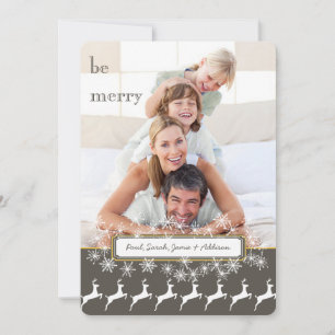 Be Merry Grey Yellow Family Photo Holiday Reindeer Card