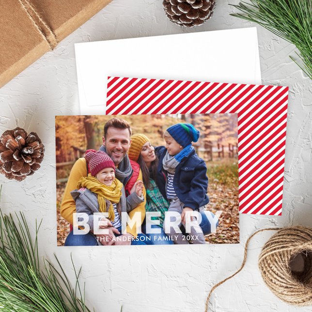 Be Merry Modern Bold Photo with Candy Stripe Holiday Card (Creator Uploaded)