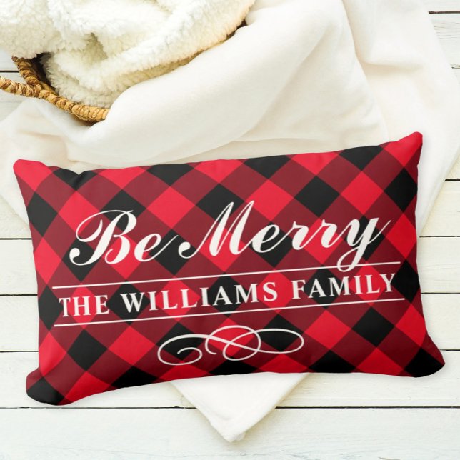 Be Merry Modern Red Buffalo Plaid Family Monogram Lumbar Cushion (Creator Uploaded)